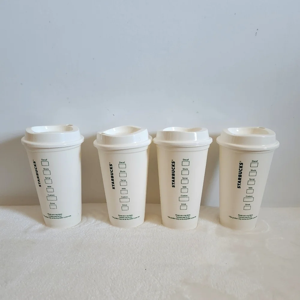 Starbucks 4 Pack Reusable Travel Cold Hot Creamy White Cups With Lids 16 Oz